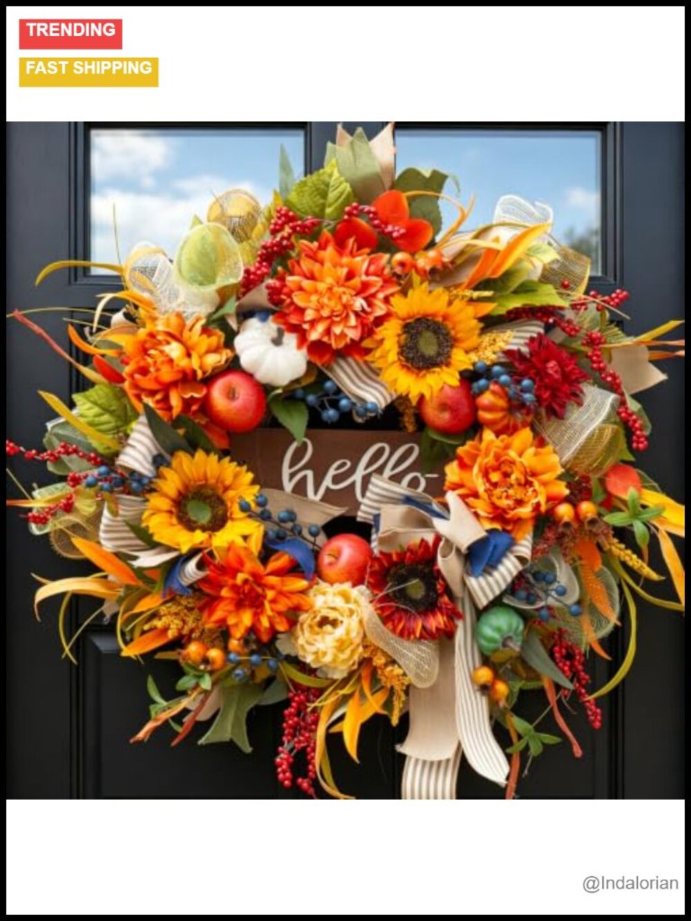 24 Inch Fall Wreath Sunflower Pumpkin Berry Front Door Harvest Decor